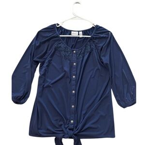 Kim Rogers 3/4 Length Sleeve Knit Blouse with Tie Front - Royal Blue size Small
